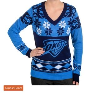 Oklahoma City Thunder “OKC” NBA Team Sky Blue mix Woman's Holiday Winter Sweater